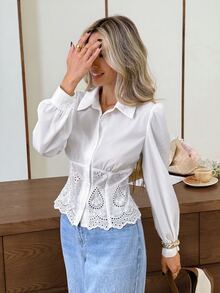 Serisse Blus Wanita Gaya Prancis dengan Bordir Halus dan Lubang Kancing Tunggal, Lengan Panjang, - Putih - View 5