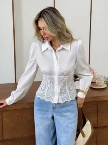 Serisse Blus Wanita Gaya Prancis dengan Bordir Halus dan Lubang Kancing Tunggal, Lengan Panjang, - Putih - View 8