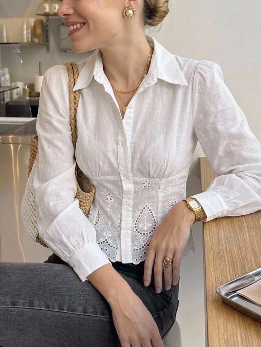 Serisse Women's French Style Gentle Embroidery Hollow Out Single-Breasted Long Sleeve Blouse - White - View 1