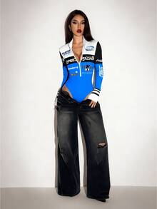 SHEIN ICON Women's Fashionable Color Block Letter Print Bodysuit, Autumn Jersey Racing - Multicolor - View 7