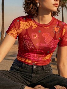 CAJUNI Vacation Casual Leopard Print Sheer Mesh Top - Burgundy - View 5
