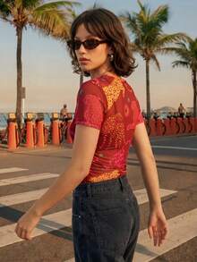CAJUNI Vacation Casual Leopard Print Sheer Mesh Top - Burgundy - View 2