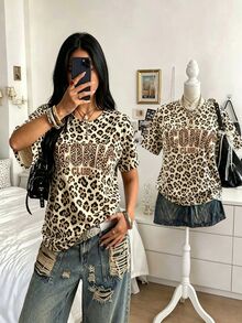DrmWander Plus Size Women's Leopard Print Letter Graphic Casual Daily T-Shirt - Multicolor - View 6