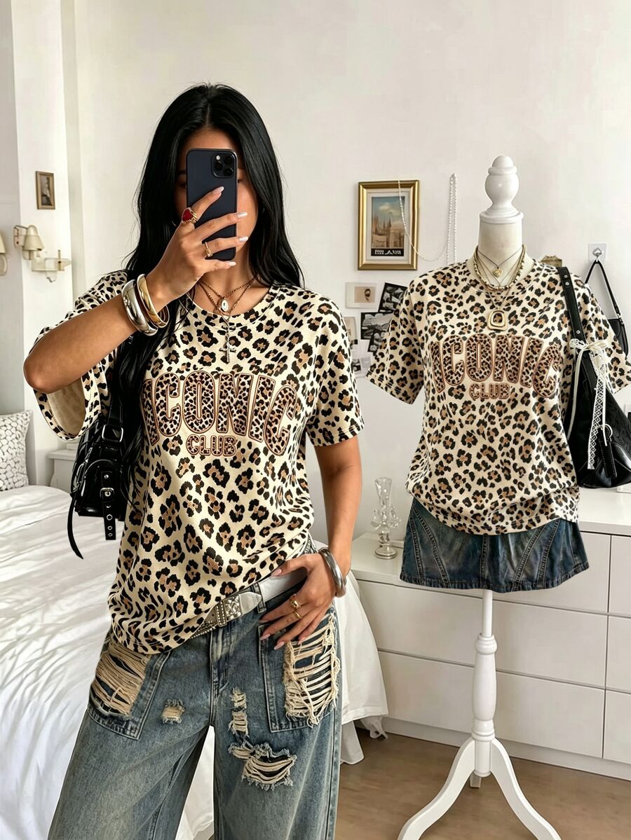 DrmWander Plus Size Women's Leopard Print Letter Graphic Casual Daily T-Shirt - Multicolor - View 1