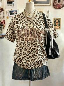 DrmWander Plus Size Women's Leopard Print Letter Graphic Casual Daily T-Shirt - Multicolor - View 5