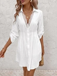 SHEIN Clasi V-Neck Lace Patchwork Waist-Cinching Shirt Dress, Suitable For Daily Wear Wedding Dinner Party White Autumn Romantic Elegant - White - View 3
