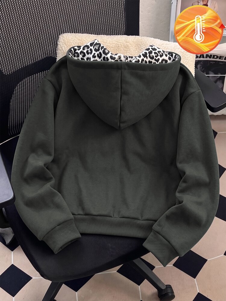 Tween Girls Jackets, Girls' Dark Grey Hooded Thermal Lined Cardigan, Leopard Print Lining Inside Hood, Fall Winter, Sleeve, Long, Zip, Casual, Autumn - Multicolor - View 2