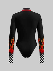 SHEIN ICON 休闲复古运动风红黑撞色棋盘格火焰印花拉链连体衣，适合秋冬、复古、学院风、百搭、性感、可爱、Y2K、椰子女孩、波西米亚风、嬉皮士、音乐节 - 彩色 - 查看 2