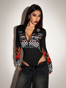 SHEIN ICON 休闲复古运动风红黑撞色棋盘格火焰印花拉链连体衣，适合秋冬、复古、学院风、百搭、性感、可爱、Y2K、椰子女孩、波西米亚风、嬉皮士、音乐节 - 彩色 - 查看 6