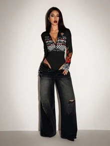 SHEIN ICON 休闲复古运动风红黑撞色棋盘格火焰印花拉链连体衣，适合秋冬、复古、学院风、百搭、性感、可爱、Y2K、椰子女孩、波西米亚风、嬉皮士、音乐节 - 彩色 - 查看 7