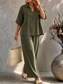 Ceyna Women's Plus Size Army Green Single-Ply Bamboo Linen Shirt Collar V-Neck Loose Fit Mid-Sleeve Blouse With Loose Wide Leg Pants, Elastic Back Waist, Side Pockets, Elegant Casual French Vintage Romantic Vacation Office Commute Workplace European American Street Style Minimalist Versatile Afternoon Tea Party Spring Summer Autumn Winter New - Army Green - View 3