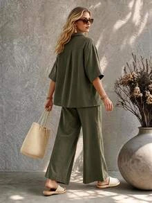 Ceyna Women's Plus Size Army Green Single-Ply Bamboo Linen Shirt Collar V-Neck Loose Fit Mid-Sleeve Blouse With Loose Wide Leg Pants, Elastic Back Waist, Side Pockets, Elegant Casual French Vintage Romantic Vacation Office Commute Workplace European American Street Style Minimalist Versatile Afternoon Tea Party Spring Summer Autumn Winter New - Army Green - View 2