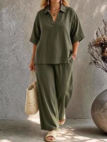 Ceyna Women's Plus Size Army Green Single-Ply Bamboo Linen Shirt Collar V-Neck Loose Fit Mid-Sleeve Blouse With Loose Wide Leg Pants, Elastic Back Waist, Side Pockets, Elegant Casual French Vintage Romantic Vacation Office Commute Workplace European American Street Style Minimalist Versatile Afternoon Tea Party Spring Summer Autumn Winter New - Army Green - View 1