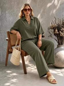 Ceyna Women's Plus Size Army Green Single-Ply Bamboo Linen Shirt Collar V-Neck Loose Fit Mid-Sleeve Blouse With Loose Wide Leg Pants, Elastic Back Waist, Side Pockets, Elegant Casual French Vintage Romantic Vacation Office Commute Workplace European American Street Style Minimalist Versatile Afternoon Tea Party Spring Summer Autumn Winter New - Army Green - View 5