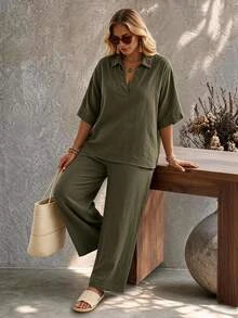 Ceyna Women's Plus Size Army Green Single-Ply Bamboo Linen Shirt Collar V-Neck Loose Fit Mid-Sleeve Blouse With Loose Wide Leg Pants, Elastic Back Waist, Side Pockets, Elegant Casual French Vintage Romantic Vacation Office Commute Workplace European American Street Style Minimalist Versatile Afternoon Tea Party Spring Summer Autumn Winter New - Army Green - View 4