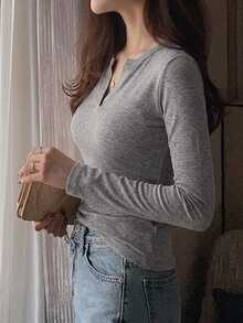 DAZY Women's Round Neck Solid Color Basic White Short Sleeve T-Shirt Spring Summer - Grey - View 4