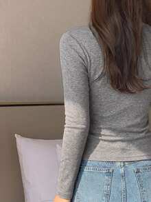 DAZY Women's Round Neck Solid Color Basic White Short Sleeve T-Shirt Spring Summer - Grey - View 5