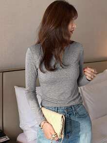 DAZY Women's Round Neck Solid Color Basic White Short Sleeve T-Shirt Spring Summer - Grey - View 3