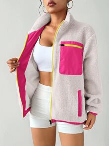 Women's Contrast Color Zipper Front Pocket Loose Casual Fleece Jacket - Light Grey - View 5