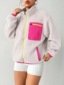 Women's Contrast Color Zipper Front Pocket Loose Casual Fleece Jacket - Light Grey - View 6