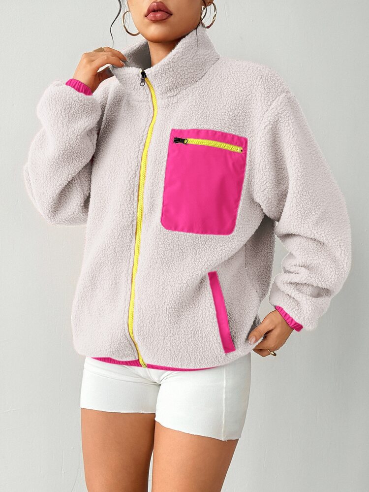 Exploreva Exploreva Women's Contrast Color Zipper Front Pocket Loose Casual Fleece Jacket - Light Grey - View 6
