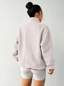 Women's Contrast Color Zipper Front Pocket Loose Casual Fleece Jacket - Light Grey - View 2