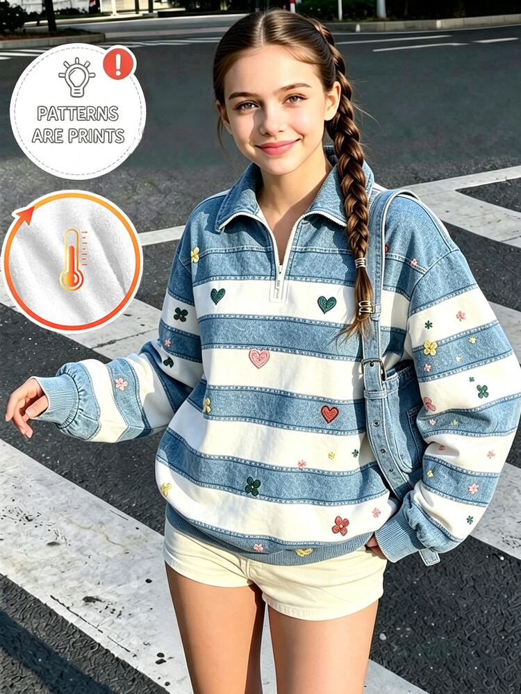 Tween Girls Fleece Lined Quarter Zip Sweatshirt: Retro Denim Look Striped Pullover With Heart & Flower Print Fall Winter Top - Multicolor - View 1