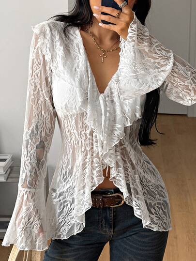 Coolane Women's Autumn/Winter Street Vintage Palace Vacation Sun Protection Ruffle Trim Trumpet Sleeve Lace Tie Thin Cardigan