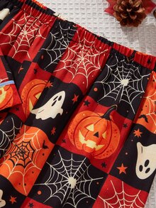 CoupledUp Contrast Trim Lapel Open Front Fun Halloween Pattern Print Pajama Set - Multicolor - View 6