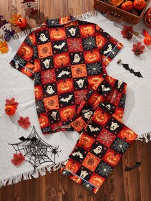CoupledUp Contrast Trim Lapel Open Front Fun Halloween Pattern Print Pajama Set - Multicolor - View 8