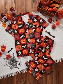 CoupledUp Contrast Trim Lapel Open Front Fun Halloween Pattern Print Pajama Set - Multicolor - View 2