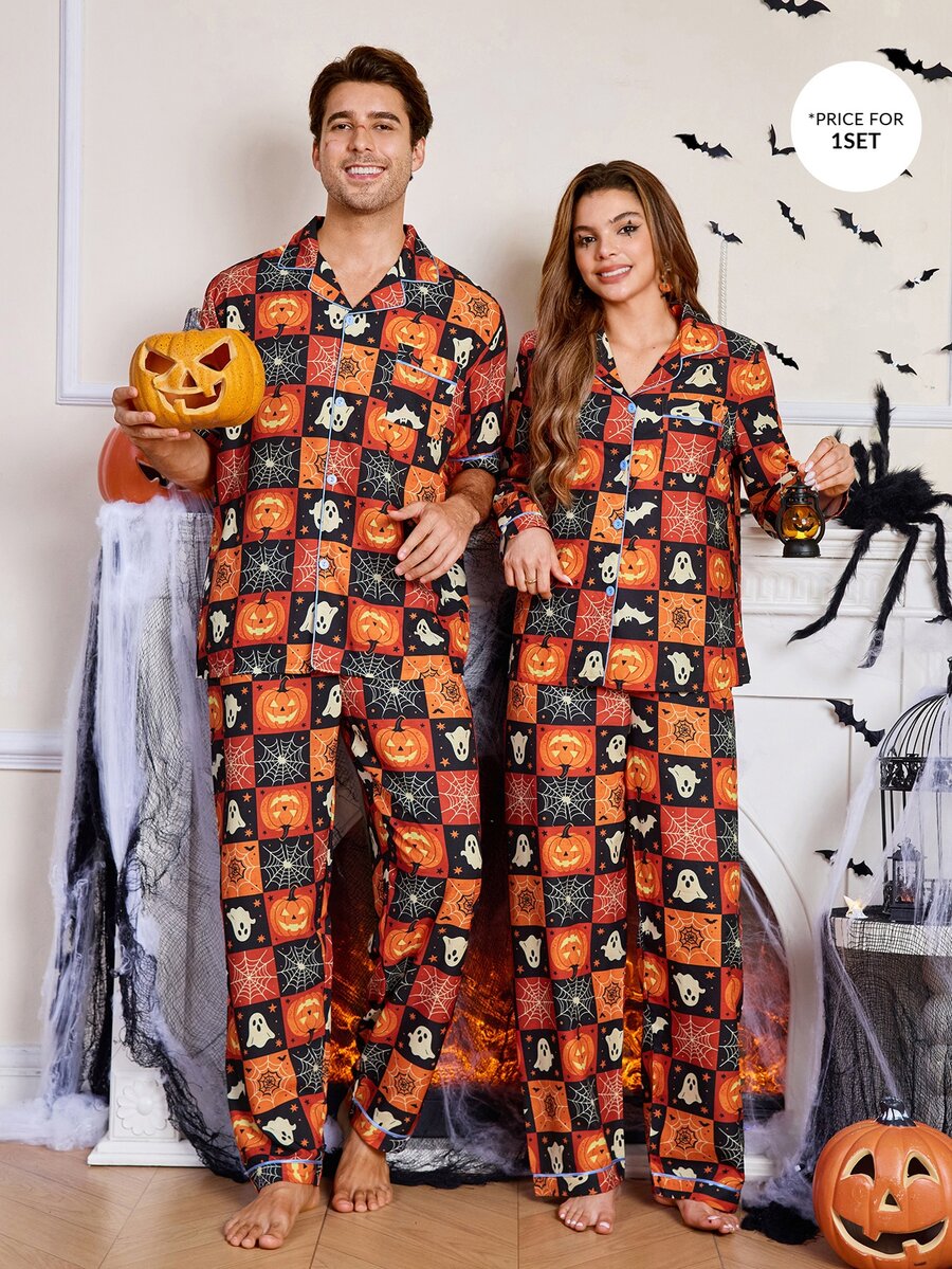 CoupledUp Contrast Trim Lapel Open Front Fun Halloween Pattern Print Pajama Set - Multicolor - View 1