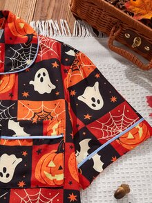 CoupledUp Contrast Trim Lapel Open Front Fun Halloween Pattern Print Pajama Set - Multicolor - View 5