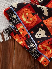 CoupledUp Contrast Trim Lapel Open Front Fun Halloween Pattern Print Pajama Set - Multicolor - View 7