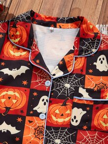 CoupledUp Contrast Trim Lapel Open Front Fun Halloween Pattern Print Pajama Set - Multicolor - View 4