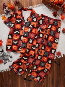 CoupledUp Contrast Trim Lapel Open Front Fun Halloween Pattern Print Pajama Set - Multicolor - View 3