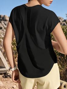 Exploreva Exploreva Women's Solid Color Round Neck Short Sleeve Daily Fitness Outdoor T-Shirt - Black - View 1
