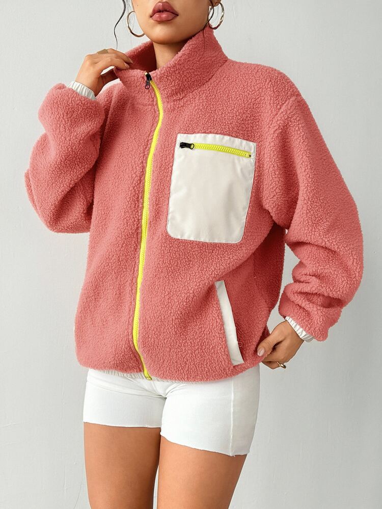 Exploreva Exploreva Women's Fashion Zipper Front Long Sleeve Pocket Outdoor Fleece Jacket - Red and White - View 6
