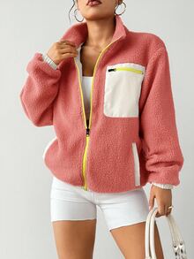 Exploreva Exploreva Women's Fashion Zipper Front Long Sleeve Pocket Outdoor Fleece Jacket - Red and White - View 7