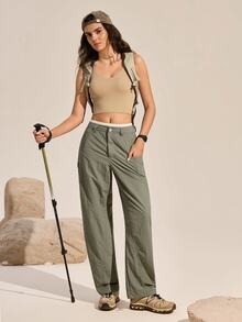 Exploreva Exploreva Women's Solid Color Pocket Hiking Pants, Sporty Casual - Green - View 9