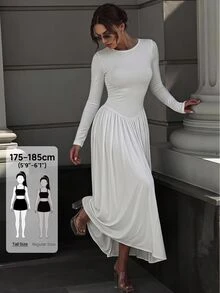 SHEIN Tall Tall New Sexy Boat Neck White Long Sleeve Autumn And Winter Base Warm Versatile Slim Ultra-Long Dress,Fall Wedding Guest Dress, Tall Women - White - View 8