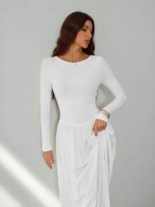 SHEIN Tall Tall New Sexy Boat Neck White Long Sleeve Autumn And Winter Base Warm Versatile Slim Ultra-Long Dress,Fall Wedding Guest Dress, Tall Women - White - View 7