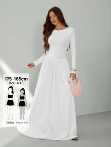 SHEIN Tall Tall New Sexy Boat Neck White Long Sleeve Autumn And Winter Base Warm Versatile Slim Ultra-Long Dress,Fall Wedding Guest Dress, Tall Women - White - View 1