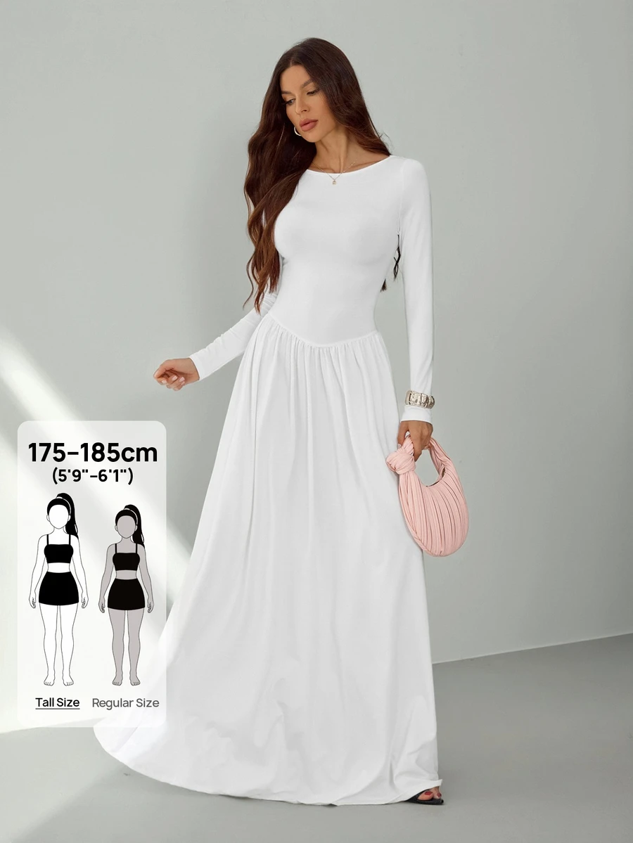 SHEIN Tall Tall New Sexy Boat Neck White Long Sleeve Autumn And Winter Base Warm Versatile Slim Ultra-Long Dress,Fall Wedding Guest Dress, Tall Women - White - View 1