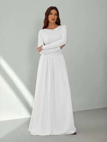 SHEIN Tall Tall New Sexy Boat Neck White Long Sleeve Autumn And Winter Base Warm Versatile Slim Ultra-Long Dress,Fall Wedding Guest Dress, Tall Women - White - View 4