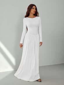 SHEIN Tall Tall New Sexy Boat Neck White Long Sleeve Autumn And Winter Base Warm Versatile Slim Ultra-Long Dress,Fall Wedding Guest Dress, Tall Women - White - View 5