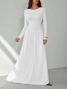 SHEIN Tall Tall New Sexy Boat Neck White Long Sleeve Autumn And Winter Base Warm Versatile Slim Ultra-Long Dress,Fall Wedding Guest Dress, Tall Women - White - View 6