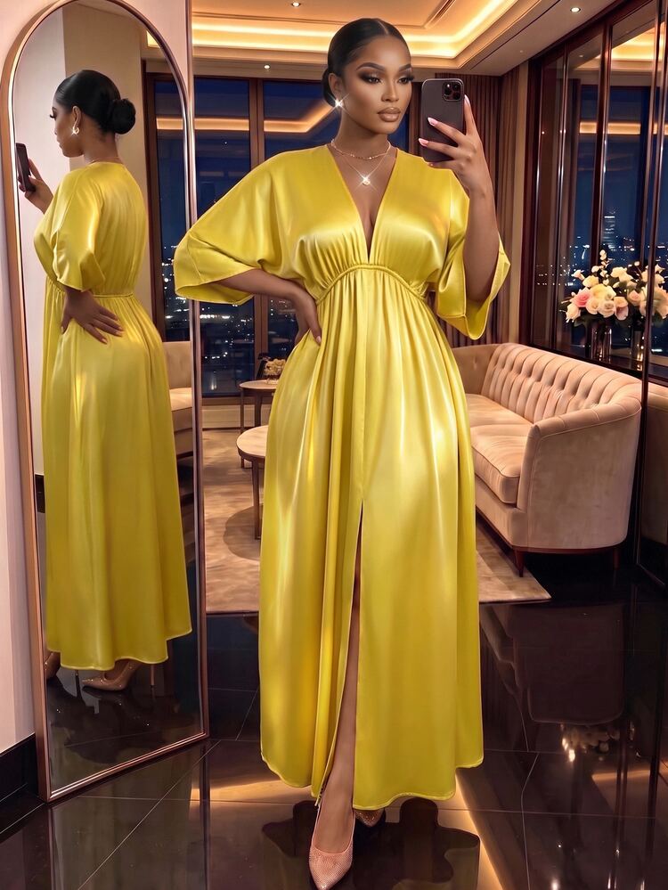 SHEIN Lady CURVE Plus Size Elegant Vintage V-Neck Loose Slit Dress, Autumn Vacation Light Yellow Fall Gym Vacation Vacation Vacation - Yellow - View 8