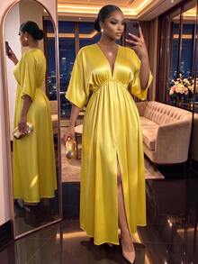 SHEIN Lady CURVE 大码优雅V领宽松开衩连衣裙，夏季 - 黃色 - 查看 7