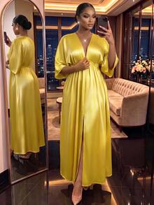 SHEIN Lady CURVE 大码优雅V领宽松开衩连衣裙，夏季 - 黃色 - 查看 6